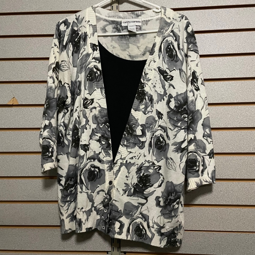 Cathy Daniels Womens 1X Floral Rose Cardigan Sweater Set Rhinestones V-Neck